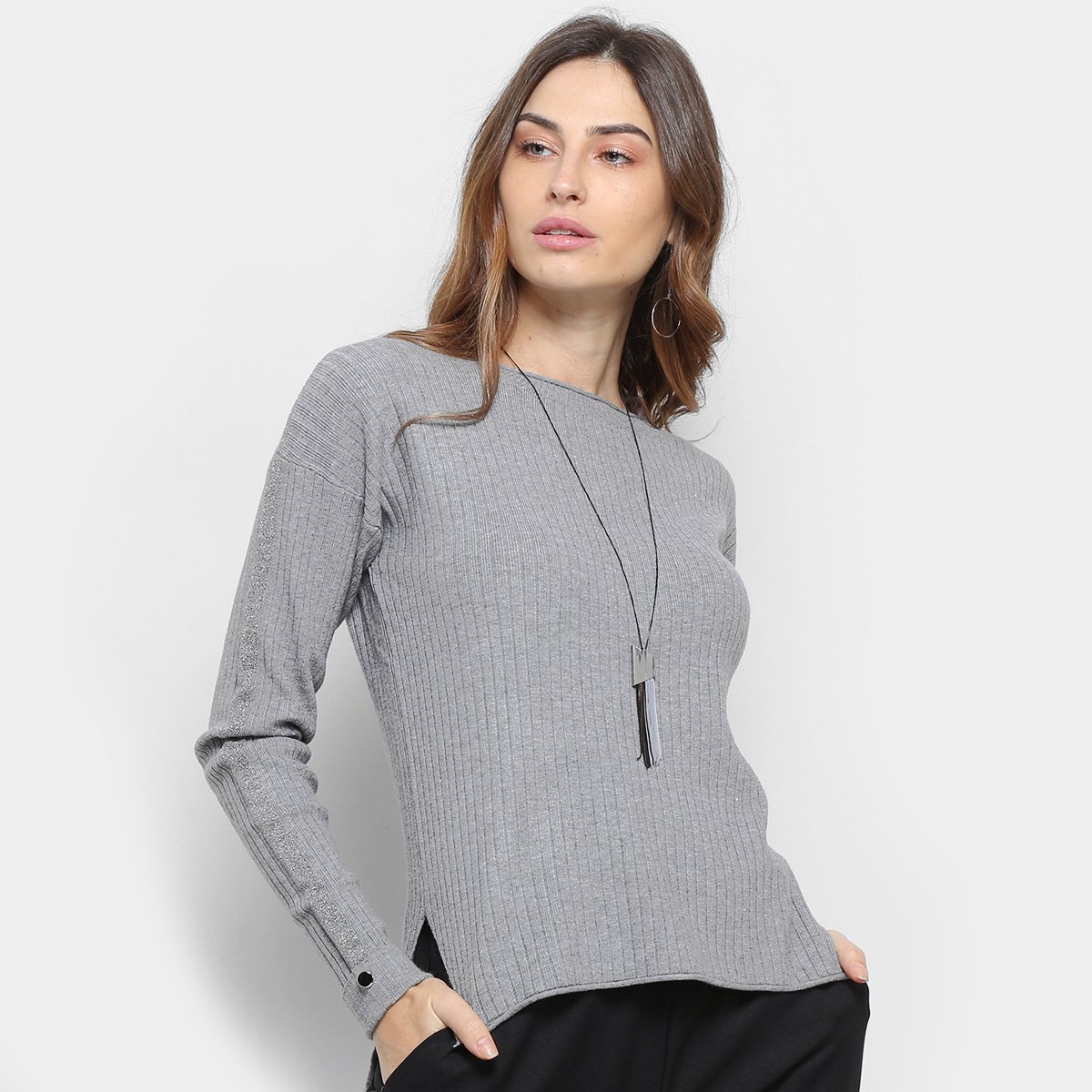 Suéter Tricô Facinelli Lurex Manga Feminino - Cinza Menor preço em Suéter Tricô Facinelli Lurex Manga Feminino - Cinza