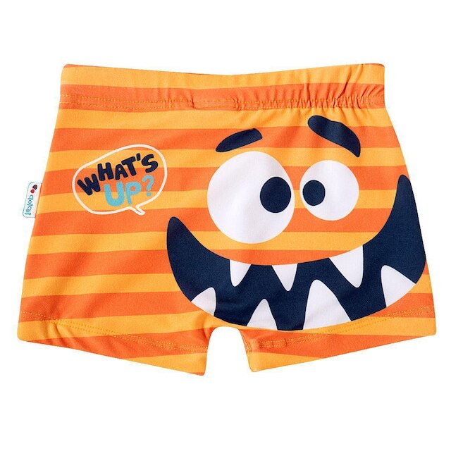 Sunga Boxer Infantil Proteção UV Monstro Divertido Laranja Tip Top