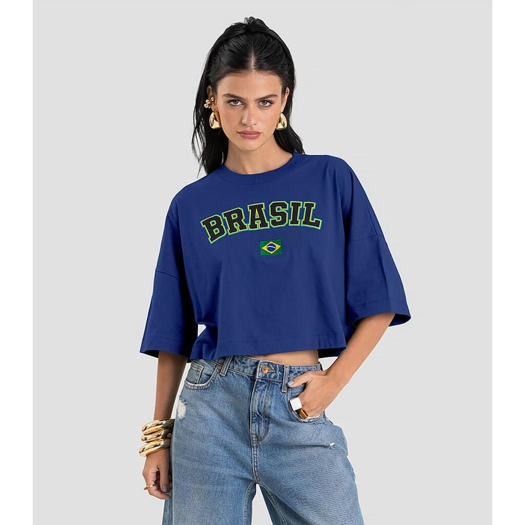 T- Shirt Feminina em Meia Malha Brasil Dianna Azul