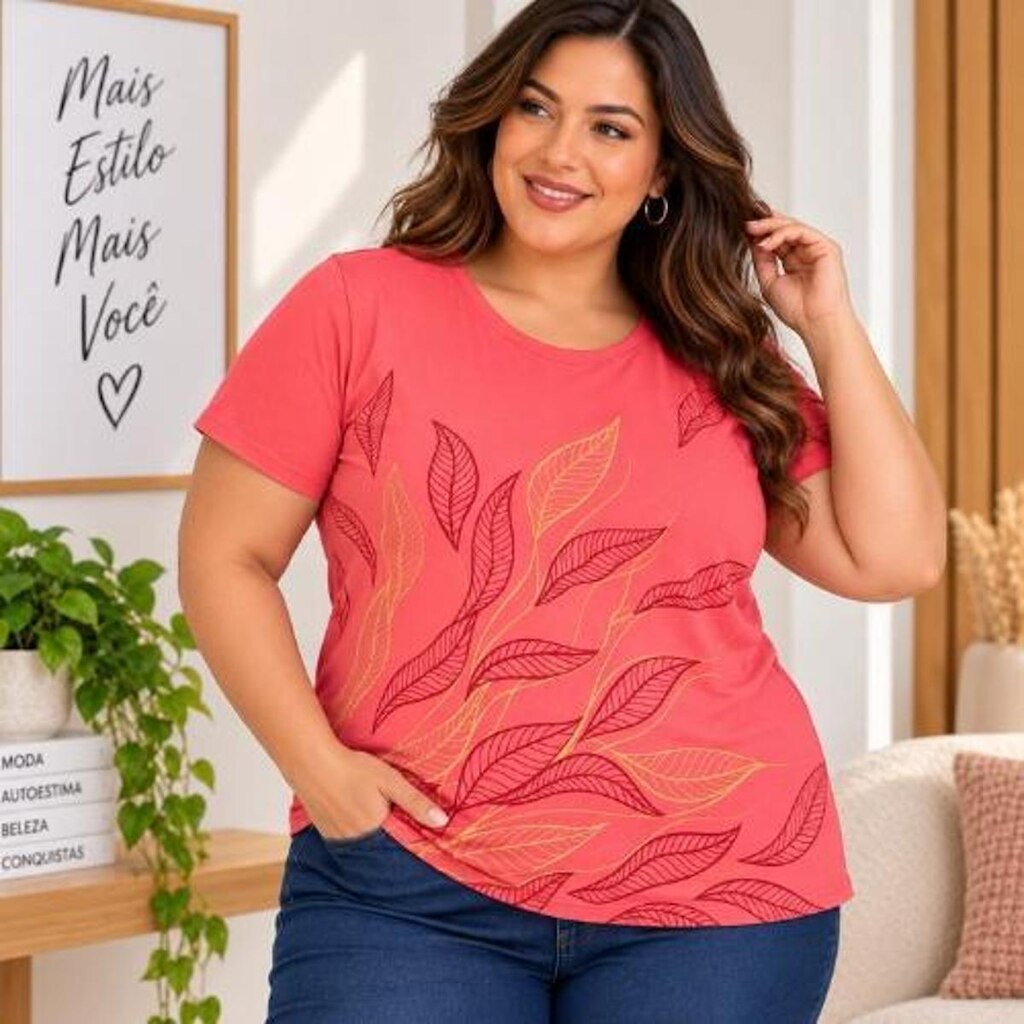 T-shirt Plus Size com Estampa Folhagens - Cereja Rosa