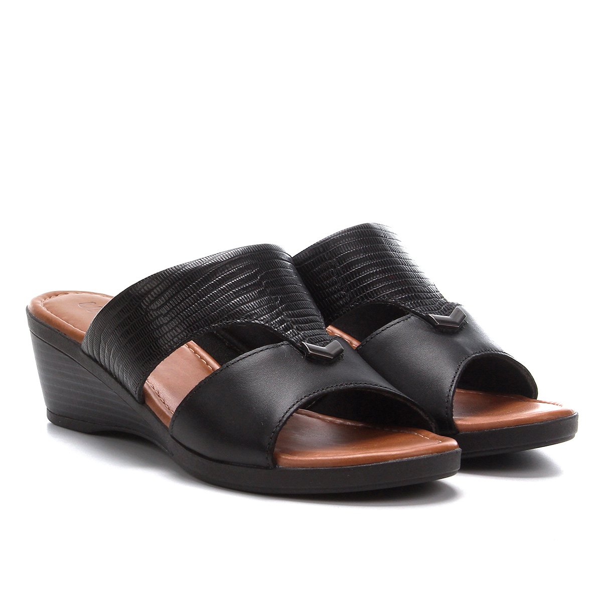 Tamanco Anabela Couro Usaflex Baixa Tiras Metal - Preto Menor preço em Tamanco Anabela Couro Usaflex Baixa Tiras Metal - Preto