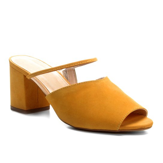 Tamanco Couro Shoestock Salto Bloco Vinil Feminino - Amarelo