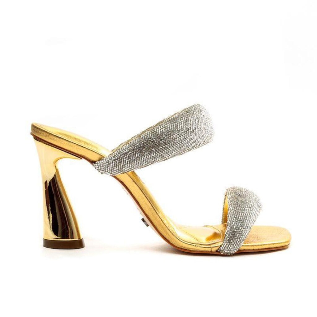 Tamanco em Couro Dourado Com Strass Cecconello