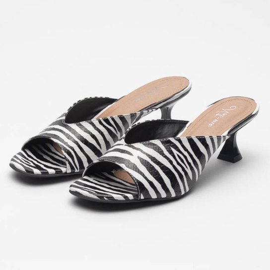 Tamanco Feminino Animal Print Salto Taça Estilo - Preto+Branco