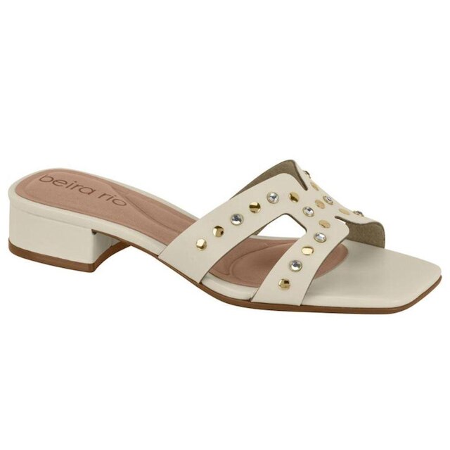 Tamanco Feminino Pedrarias Salto Bloco Branco Off Ouro Claro Beira Rio 8586.106