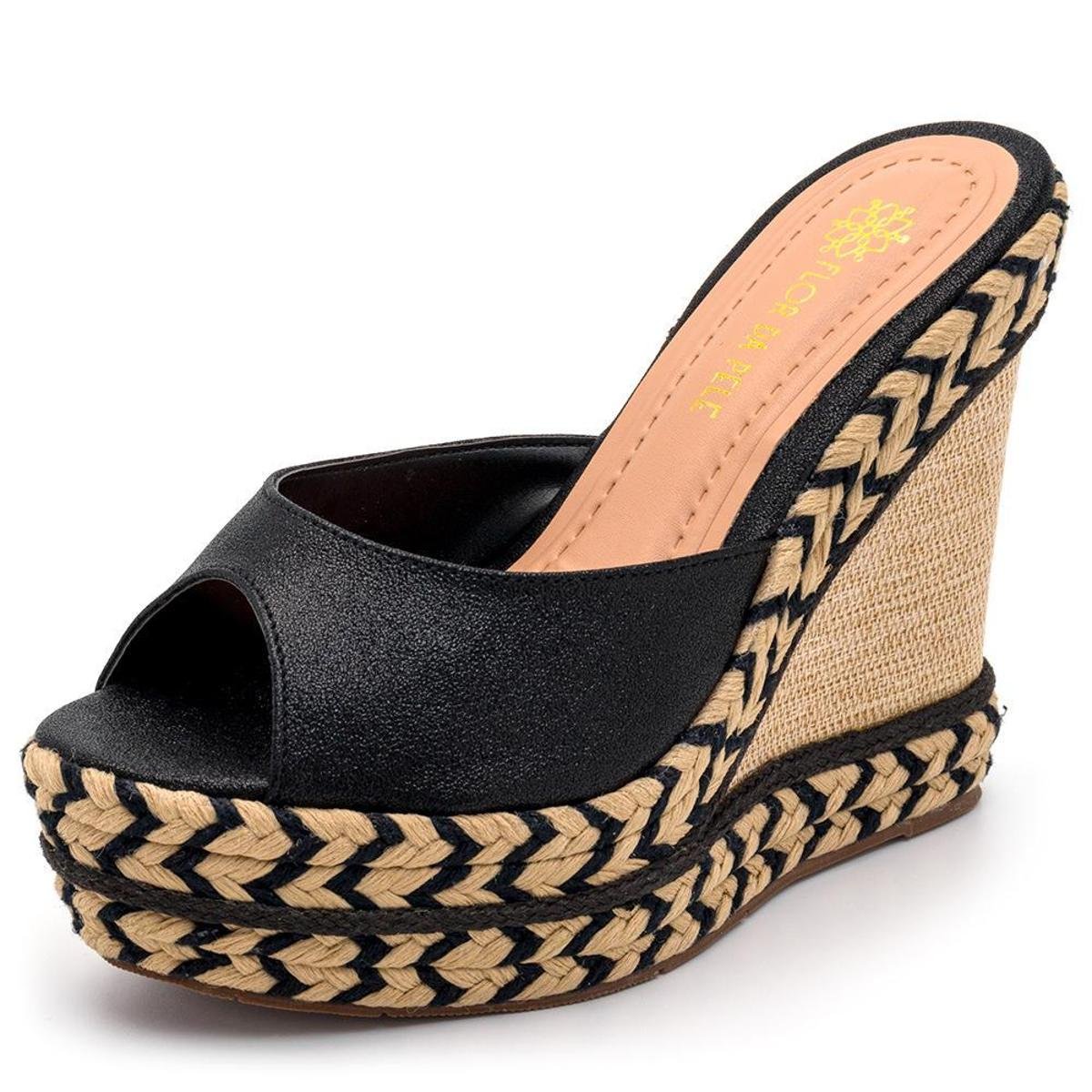 Tamanco Feminino Salto Anabela Flor da Pele com Sisal Nobucado Cintilante - Preto Menor preço em Tamanco Feminino Salto Anabela Flor da Pele com Sisal Nobucado Cintilante - Preto