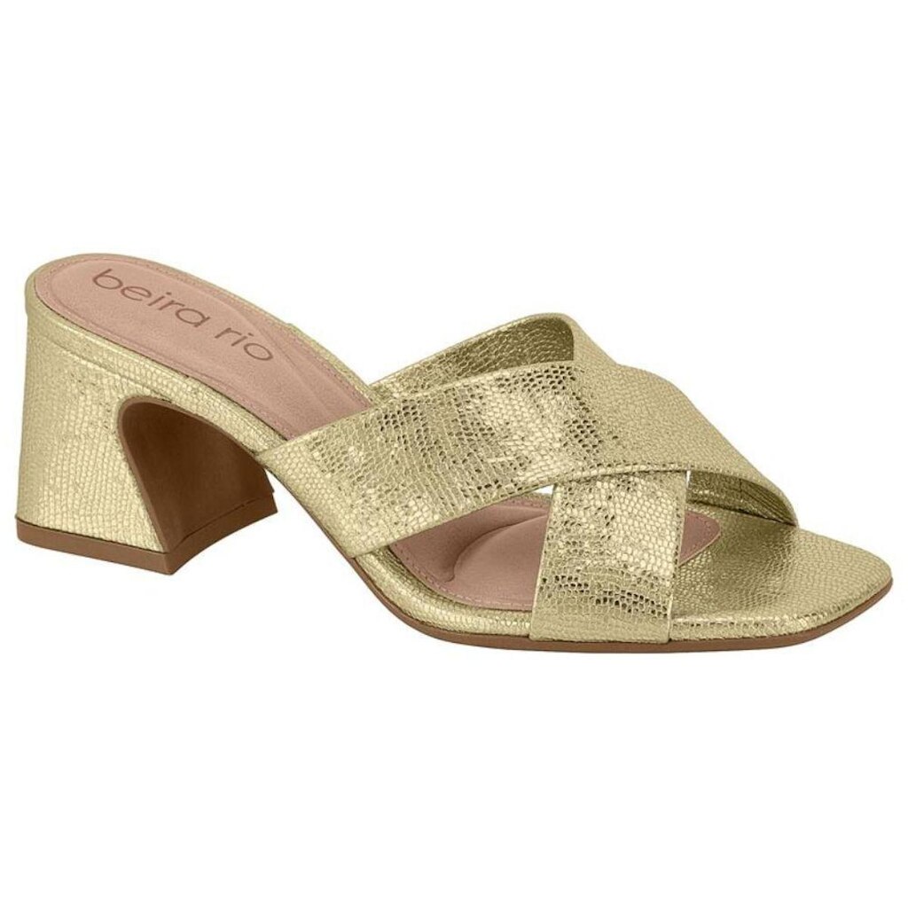 Tamanco Feminino Tiras Cruzadas Salto Bloco Dourado Beira Rio 8585.200