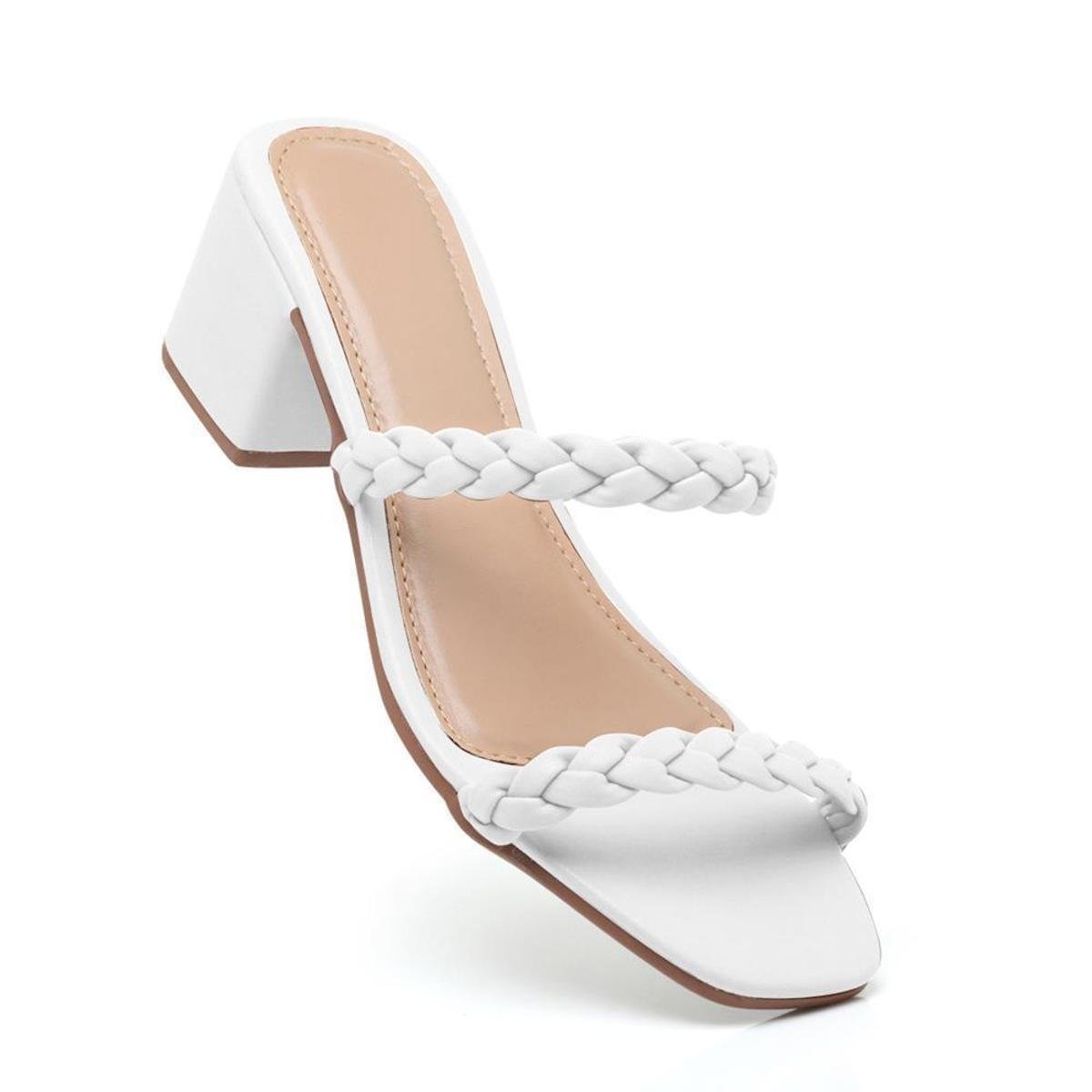 Tamanco Feminino Tiras Trançadas Bico Quadrado Casual Leve - Branco Menor preço em Tamanco Feminino Tiras Trançadas Bico Quadrado Casual Leve - Branco