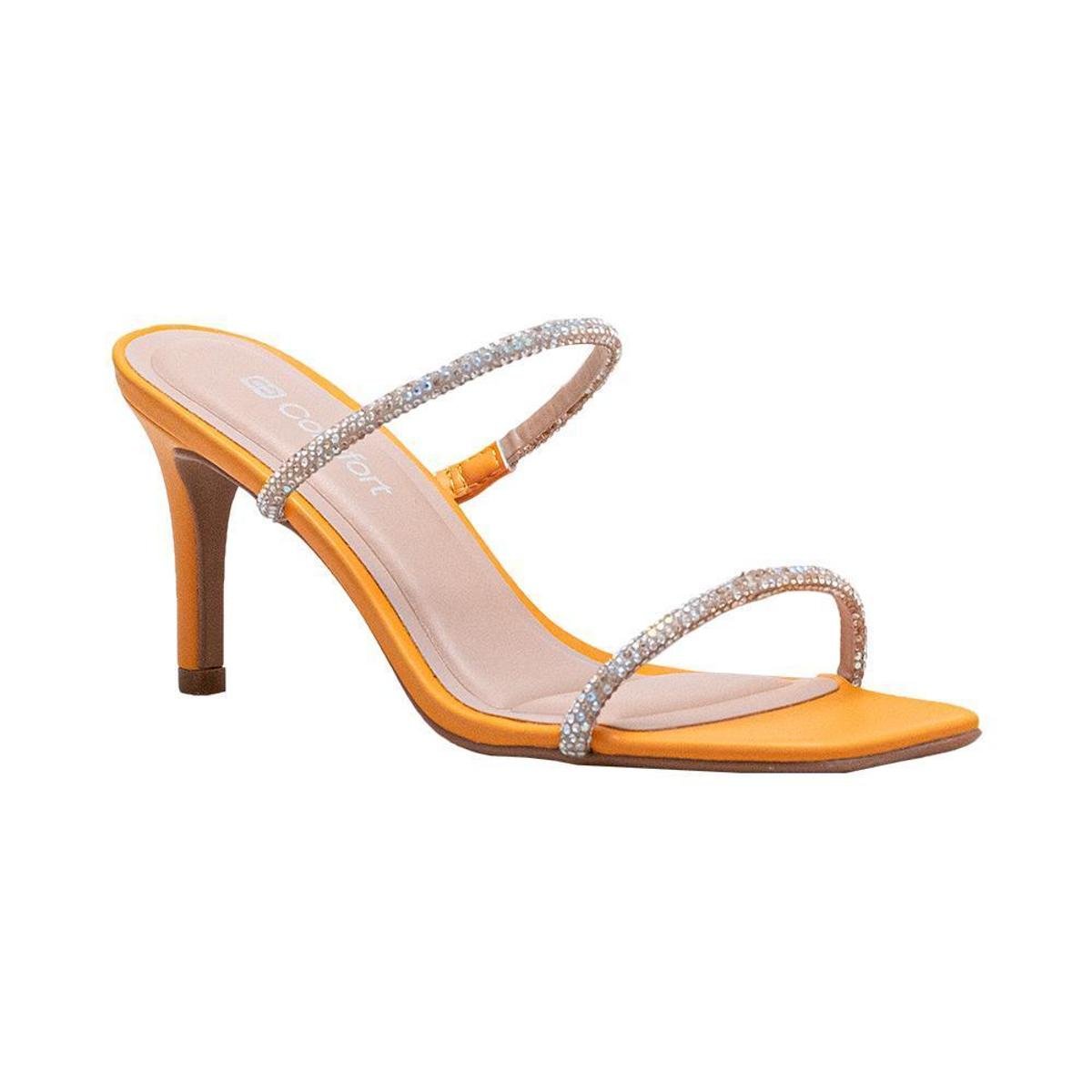 Tamanco Laranja Salto Fino Duas Tiras Finas Strass | Comfort Menor preço em Tamanco Laranja Salto Fino Duas Tiras Finas Strass | Comfort
