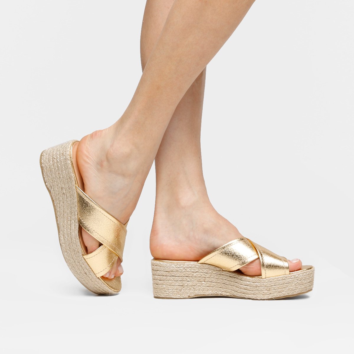 Tamanco Luiza Barcelos Flatform Tiras Cruzadas - Dourado | Zattini