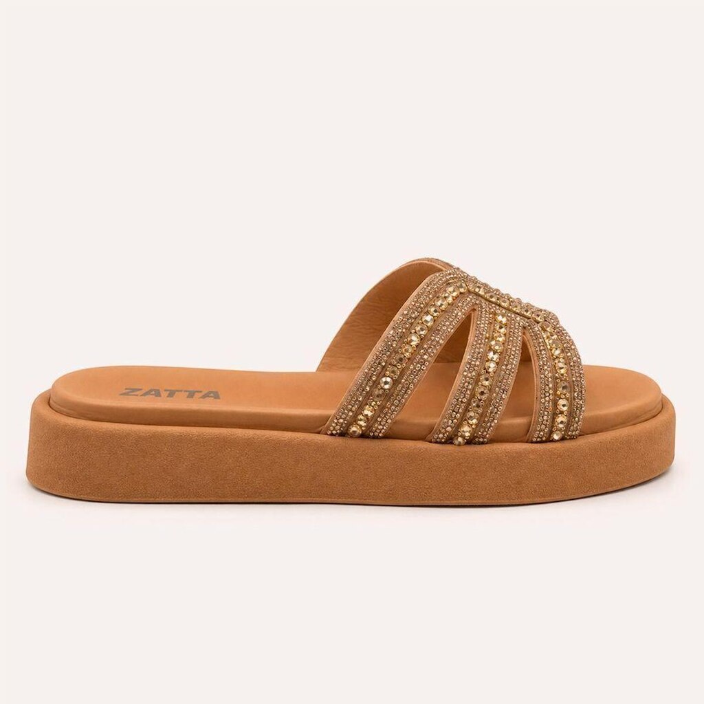 Tamanco Zatta Flatform Pedraria Francine Caramelo Marrom 34
