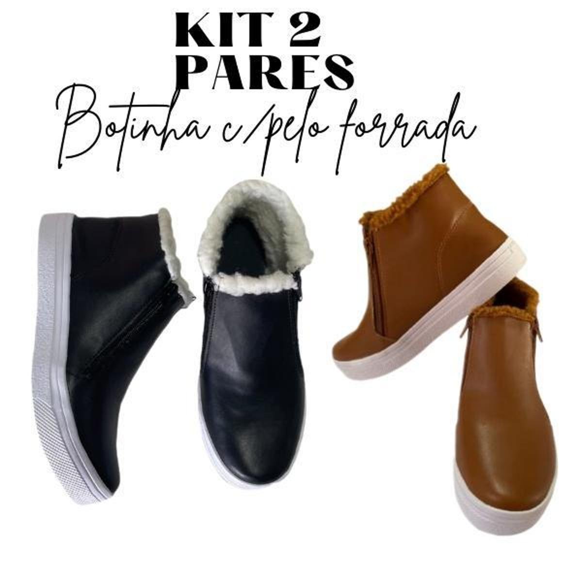 Tênis Botinha Feminino com pelo Forrada KIT 2 PARES Menor preço em Tênis Botinha Feminino com pelo Forrada KIT 2 PARES