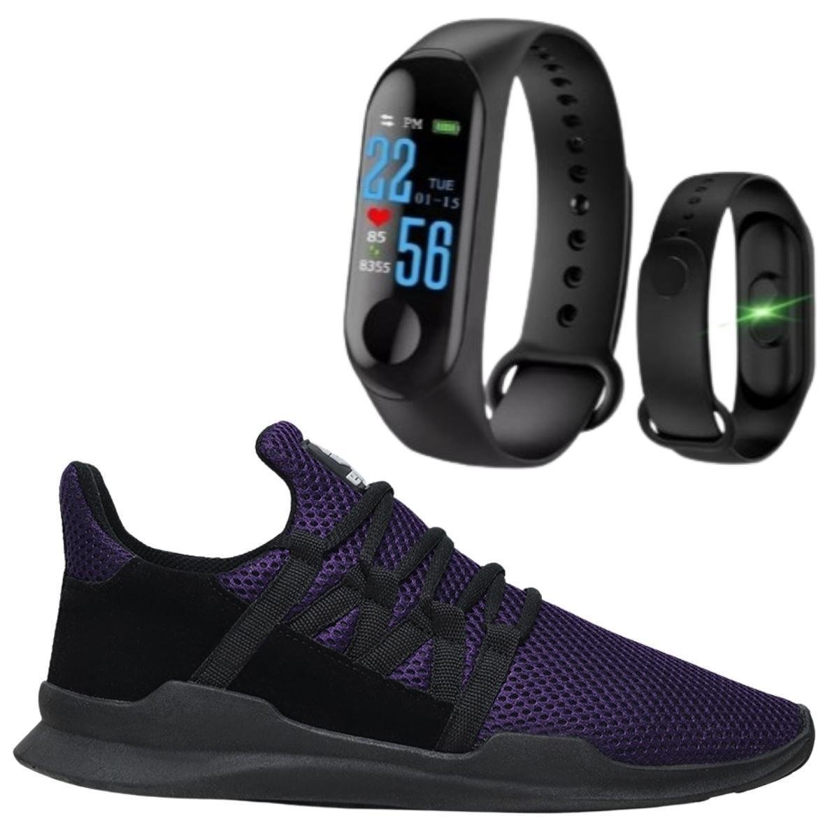 Tênis Caminhada Corrida Leve Macio Confortável Fitness Academia + Pulseira Inteligente M3 - Roxo Menor preço em Tênis Caminhada Corrida Leve Macio Confortável Fitness Academia + Pulseira Inteligente M3 - Roxo
