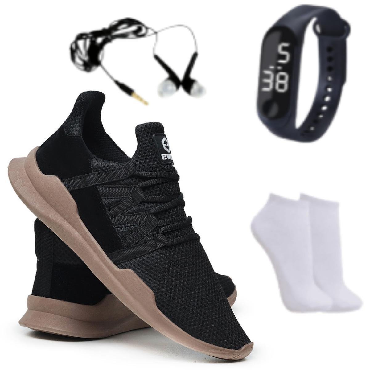 Tênis Caminhada Corrida Macio Confortável Academia Fitness + Relógio + Meia + Fone - Preto+Bege é ruim? Tênis Caminhada Corrida Macio Confortável Academia Fitness + Relógio + Meia + Fone - Preto+Bege é boa?
