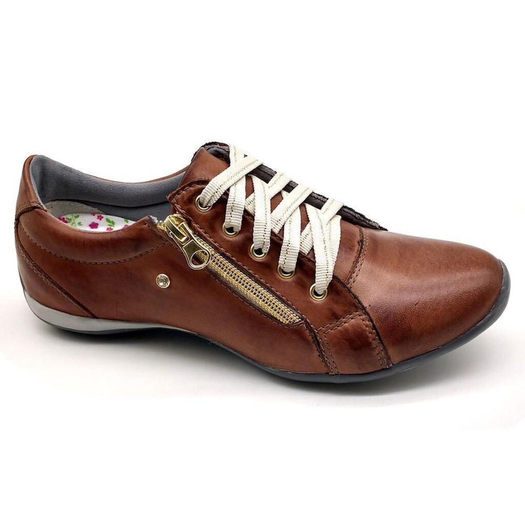 Tênis Casual Feminino Couro Palmilha Gel Zíper Leve Conforto