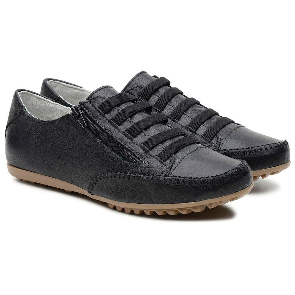 Tênis Casual Feminino em Couro com Elastico Ziper Lateral e Bico Redondo