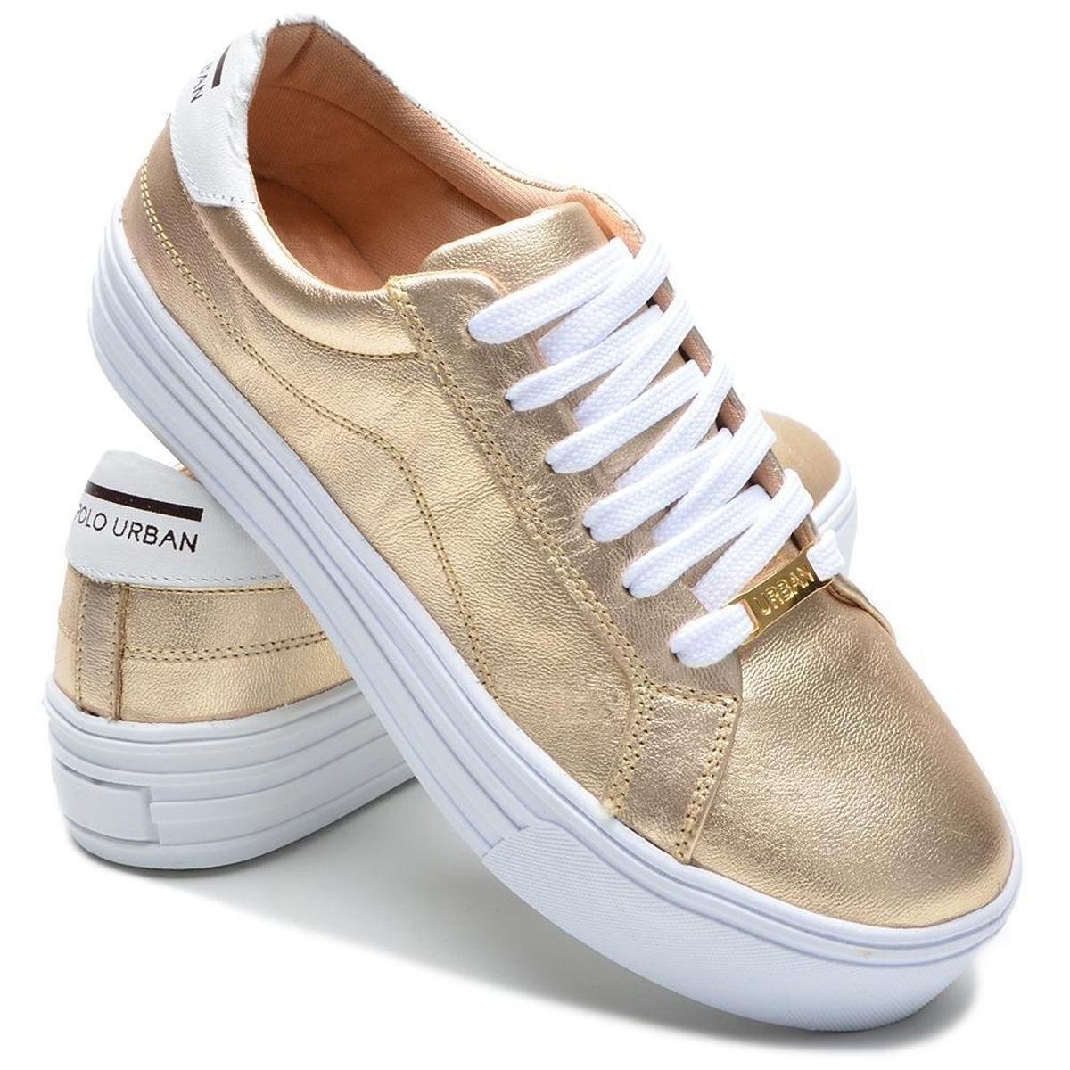 Tenis Casual Feminino Sapatenis Polo Urban Couro Legítimo Confortável - Dourado Menor preço em Tenis Casual Feminino Sapatenis Polo Urban Couro Legítimo Confortável - Dourado