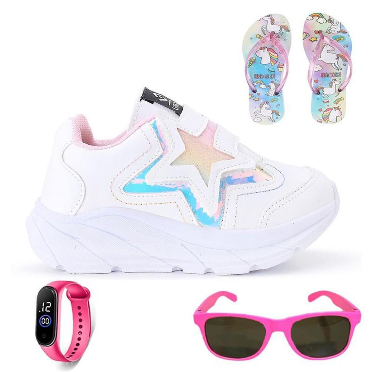 Tenis Casual Infantil Meninas Estrela Glitter Calce Facil + Chinelo Oculos Relogio Menor preço em Tenis Casual Infantil Meninas Estrela Glitter Calce Facil + Chinelo Oculos Relogio