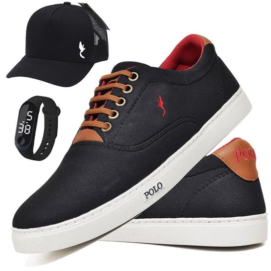 Tênis Casual Masculino + Boné + Relógio Digital Dia a Dia - Preto