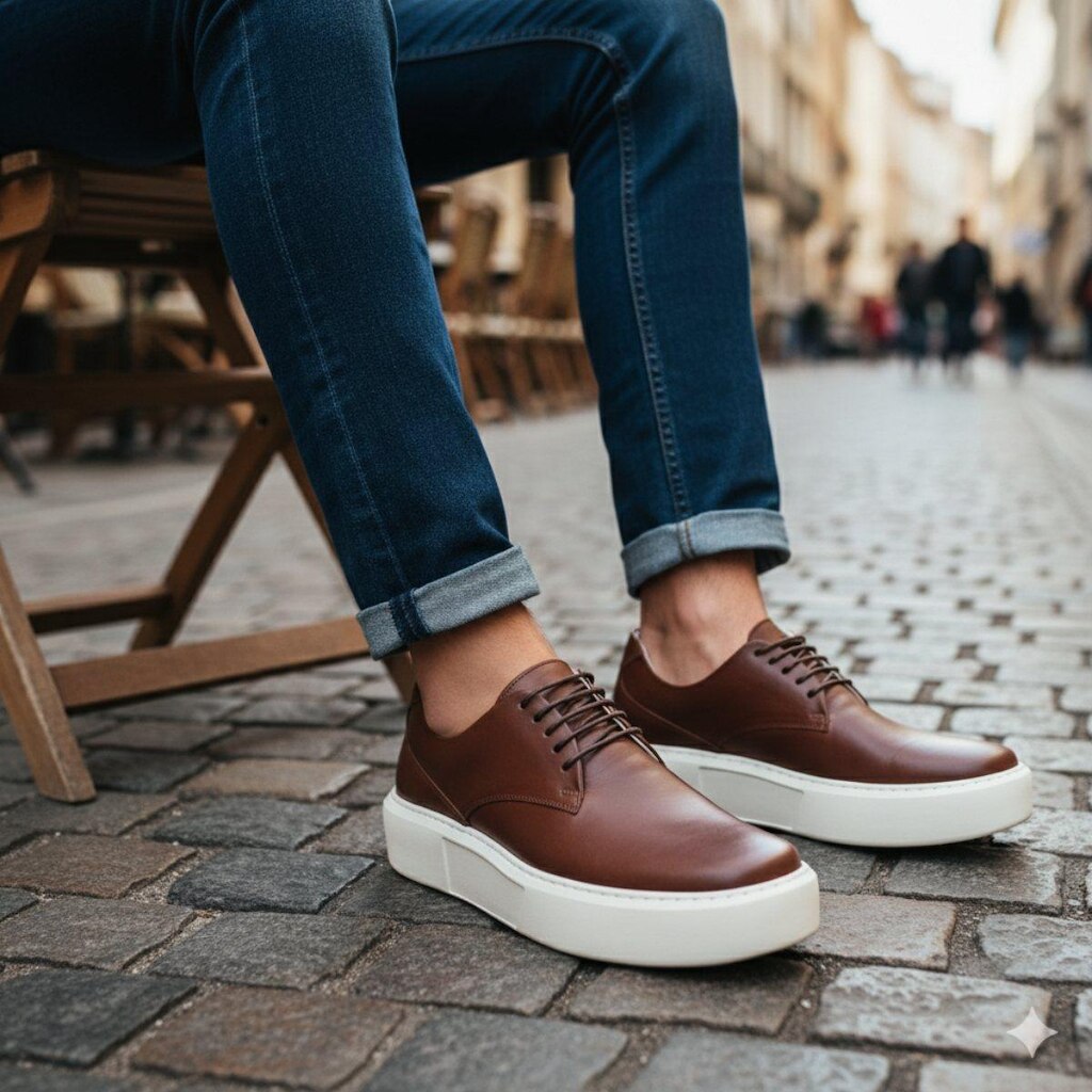 Tênis Casual Masculino Couro Luxo Sola Alta Estilo Premium