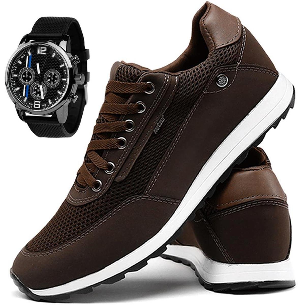 Tênis Casual Masculino Jogger Esporte Fino + Relógio Ponteiro - Marrom Menor preço em Tênis Casual Masculino Jogger Esporte Fino + Relógio Ponteiro - Marrom