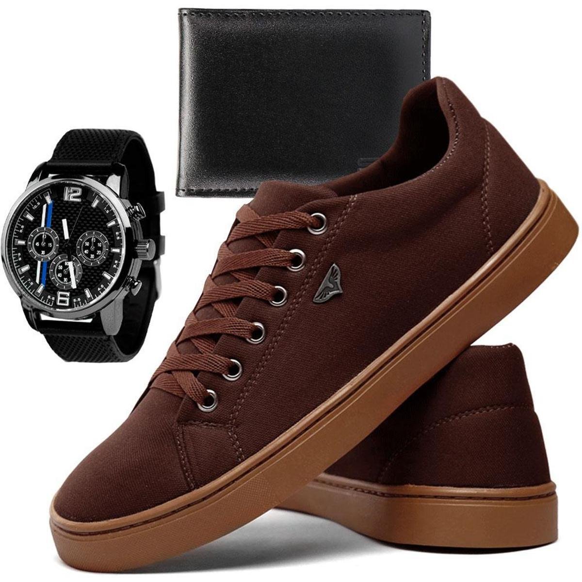 Tênis Casual Masculino SB Camila Nicacio em Lona com Solado Caixa Alta + Relógio e Carteira - Marrom Menor preço em Tênis Casual Masculino SB Camila Nicacio em Lona com Solado Caixa Alta + Relógio e Carteira - Marrom