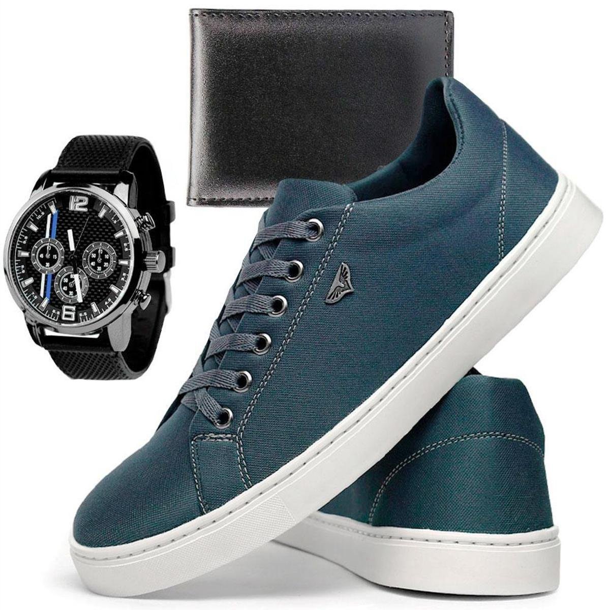 Tênis Casual Masculino SB Camila Nicacio em Lona com Solado Caixa Alta + Relógio e Carteira - Chumbo Menor preço em Tênis Casual Masculino SB Camila Nicacio em Lona com Solado Caixa Alta + Relógio e Carteira - Chumbo