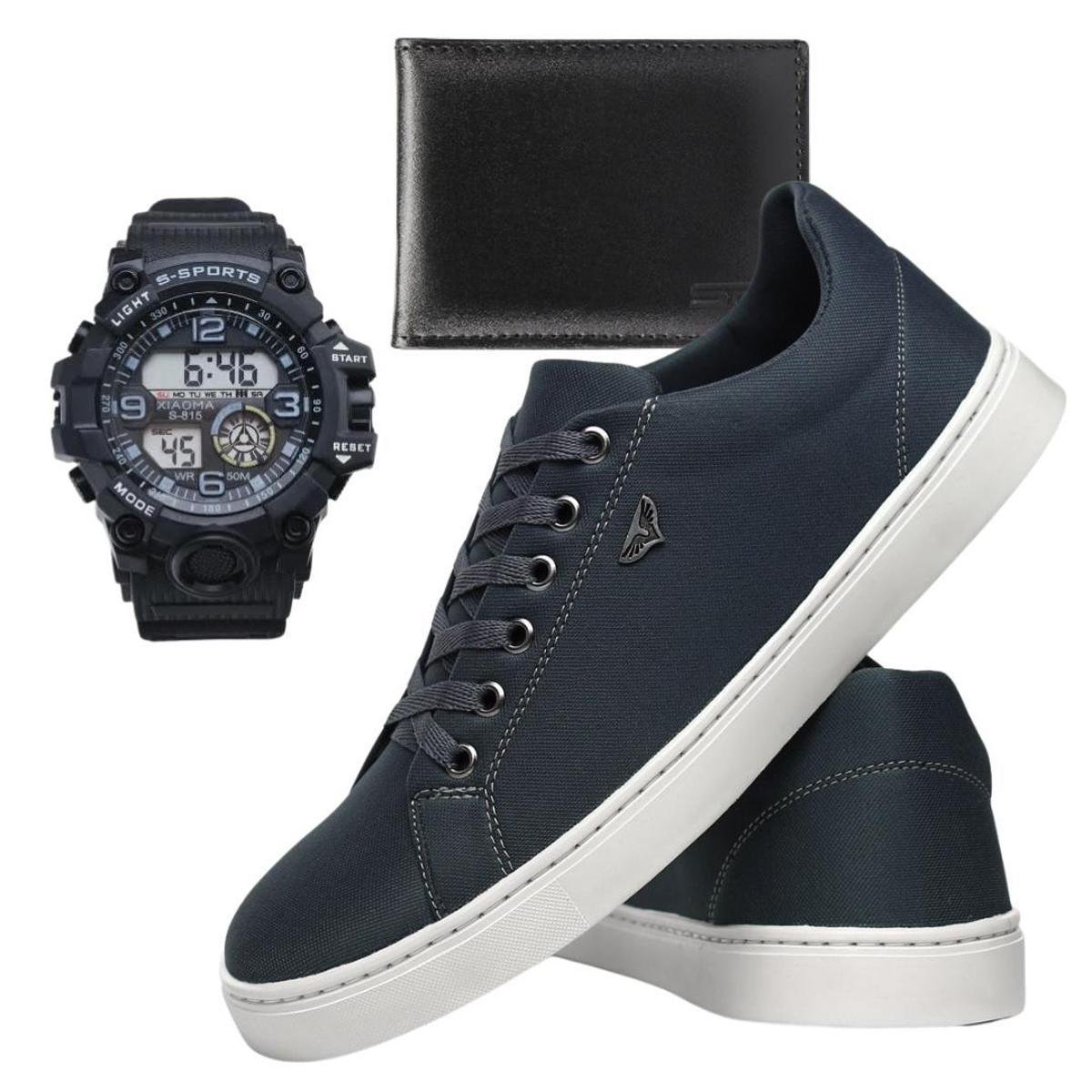 Tênis Casual Masculino SB em Lona com Solado Caixa Alta + Relógio e Carteira - Chumbo Menor preço em Tênis Casual Masculino SB em Lona com Solado Caixa Alta + Relógio e Carteira - Chumbo