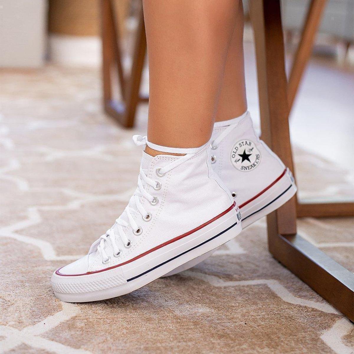 Star Cano Alto TÃªnis Converse All Star Couro Branco Star Cano