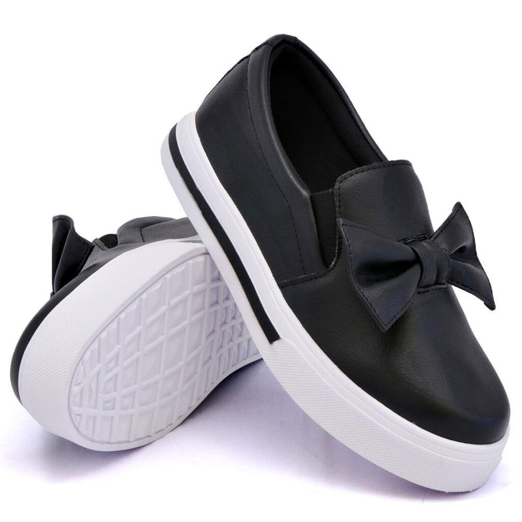 Tenis Casual Slip On Feminino com Laço e Sola Alta Reta Detalhe Listra