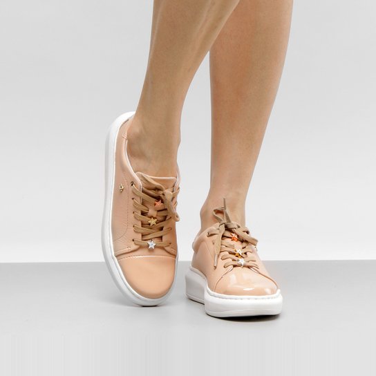 Tênis Couro Cravo e Canela Pins Cadarço Feminino - Nude