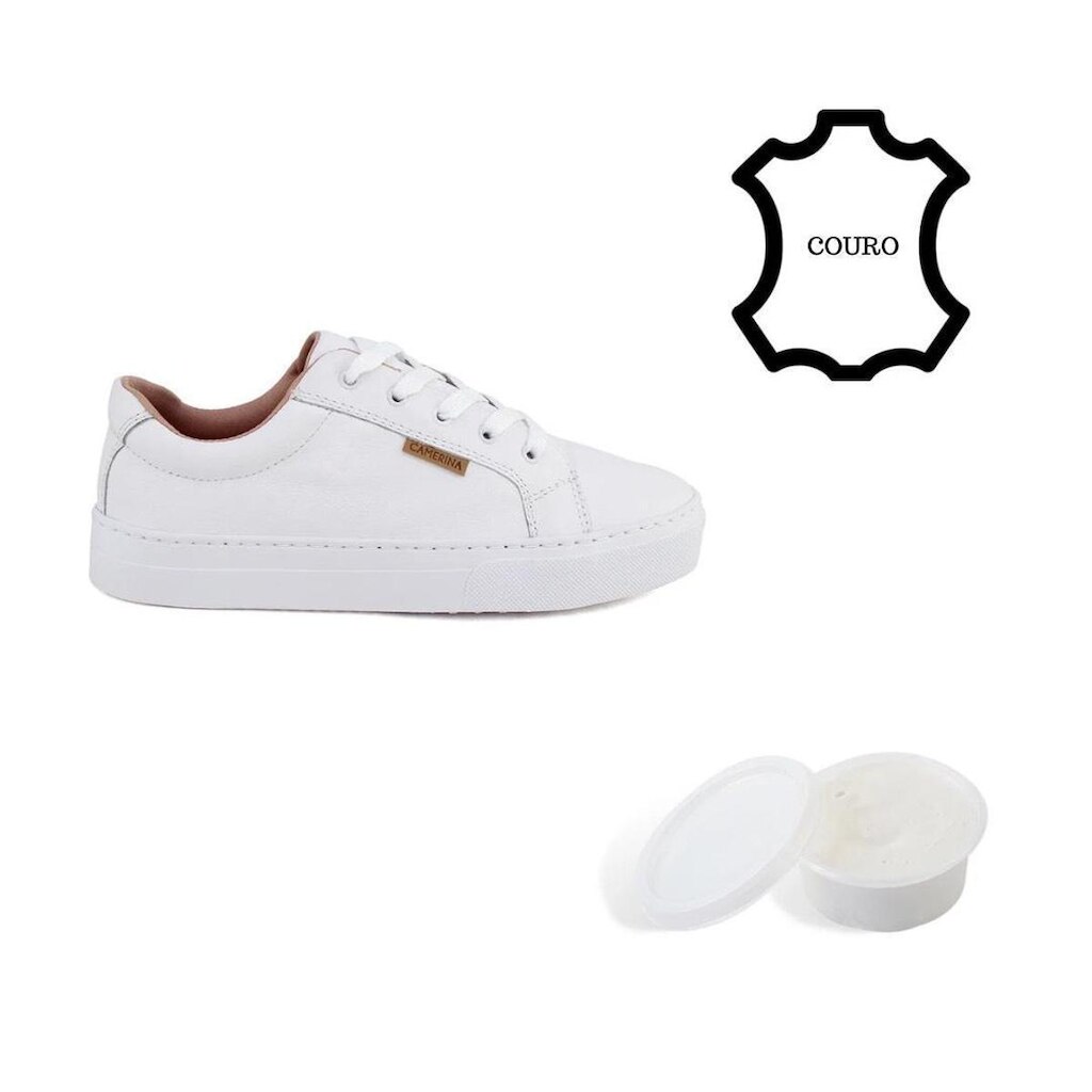 Tênis Couro Legitimo Branco Feminino Casual com Pasta de Limpeza