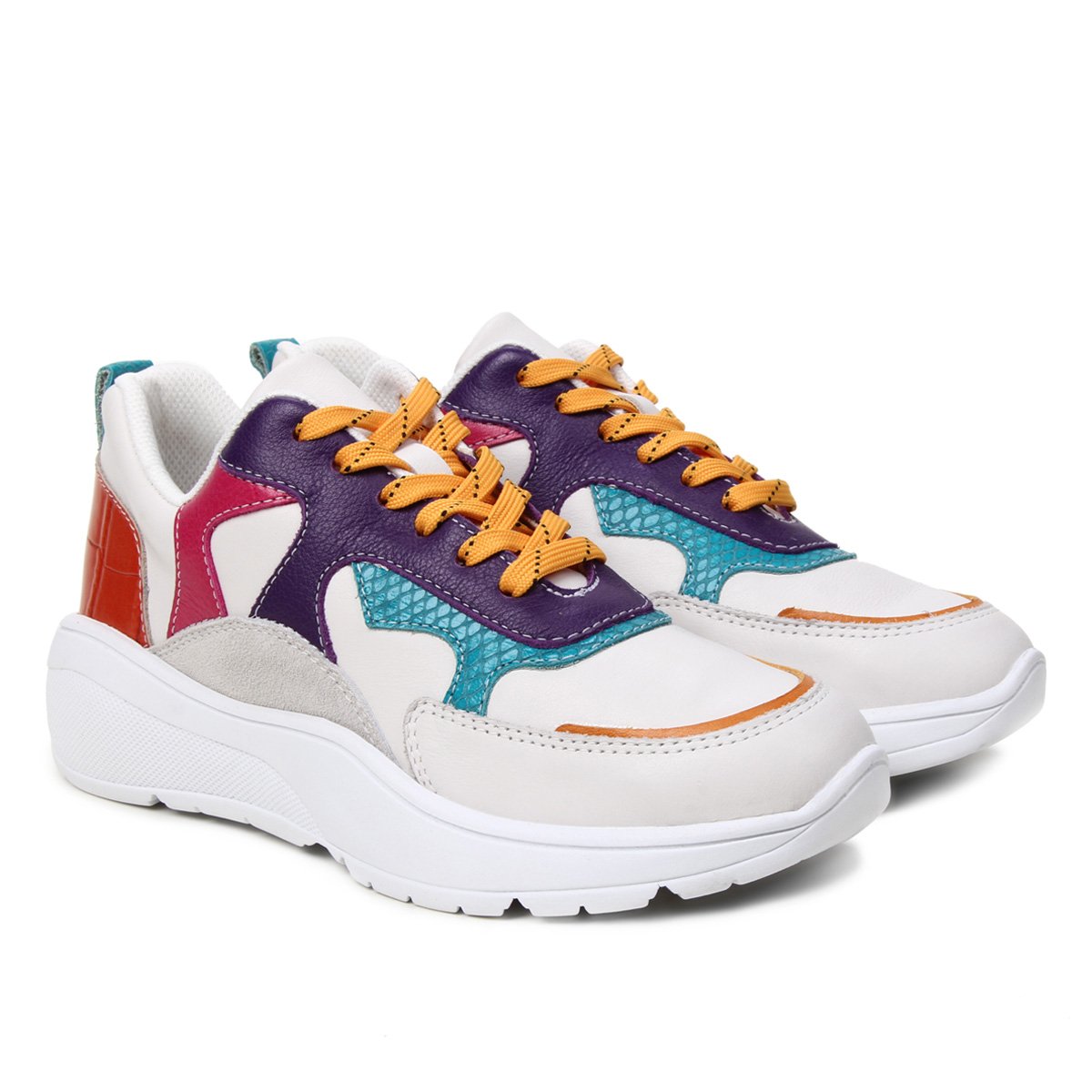 Tênis Couro Loucos & Santos Chuncky Feminino - Branco e Roxo Menor preço em Tênis Couro Loucos & Santos Chuncky Feminino - Branco e Roxo