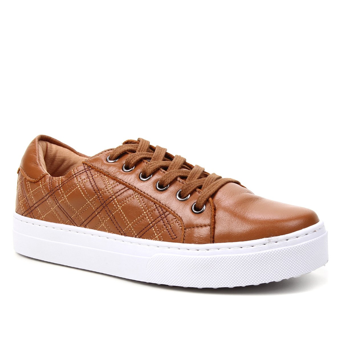 Tênis Couro Shoestock Bordado Feminino - Caramelo Menor preço em Tênis Couro Shoestock Bordado Feminino - Caramelo