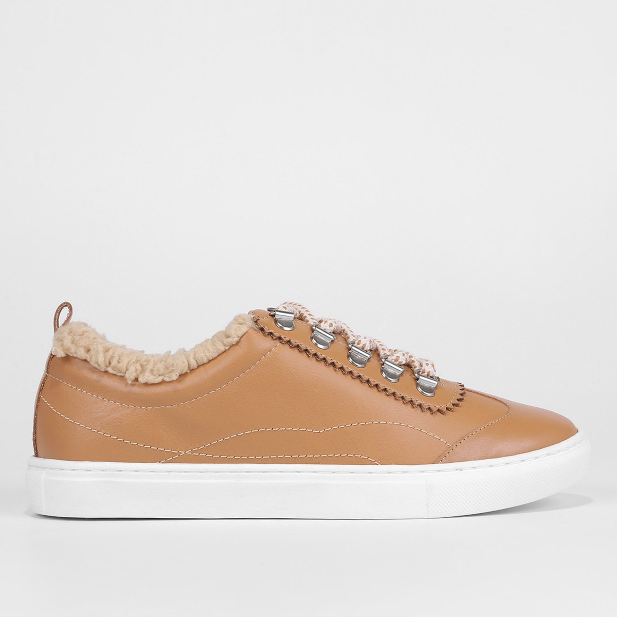 Tênis Couro Shoestock Pelúcia Feminino - Marrom Claro Menor preço em Tênis Couro Shoestock Pelúcia Feminino - Marrom Claro