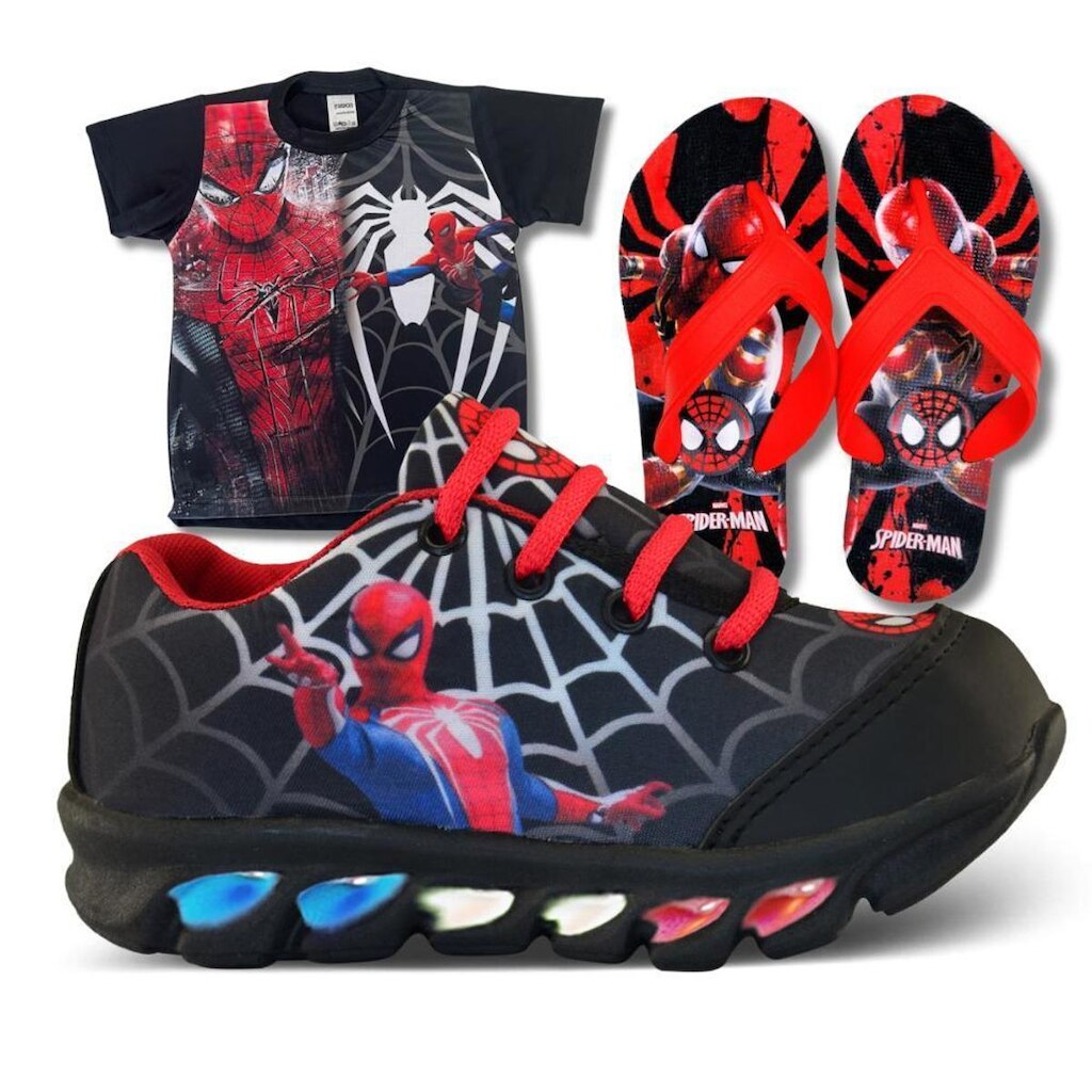 tenis de led infantil masculino homem aranha com luzinha meninos mais chinelo e camisa