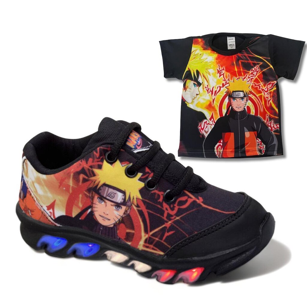 tenis de led infantil masculino naruto com luzinha meninos mais camisa
