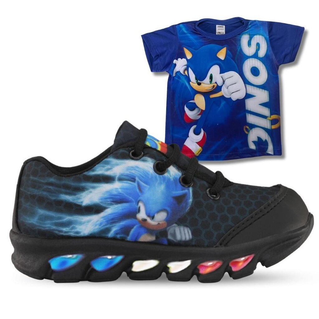 tenis de led infantil masculino sonic preto com luzinha meninos mais camisa