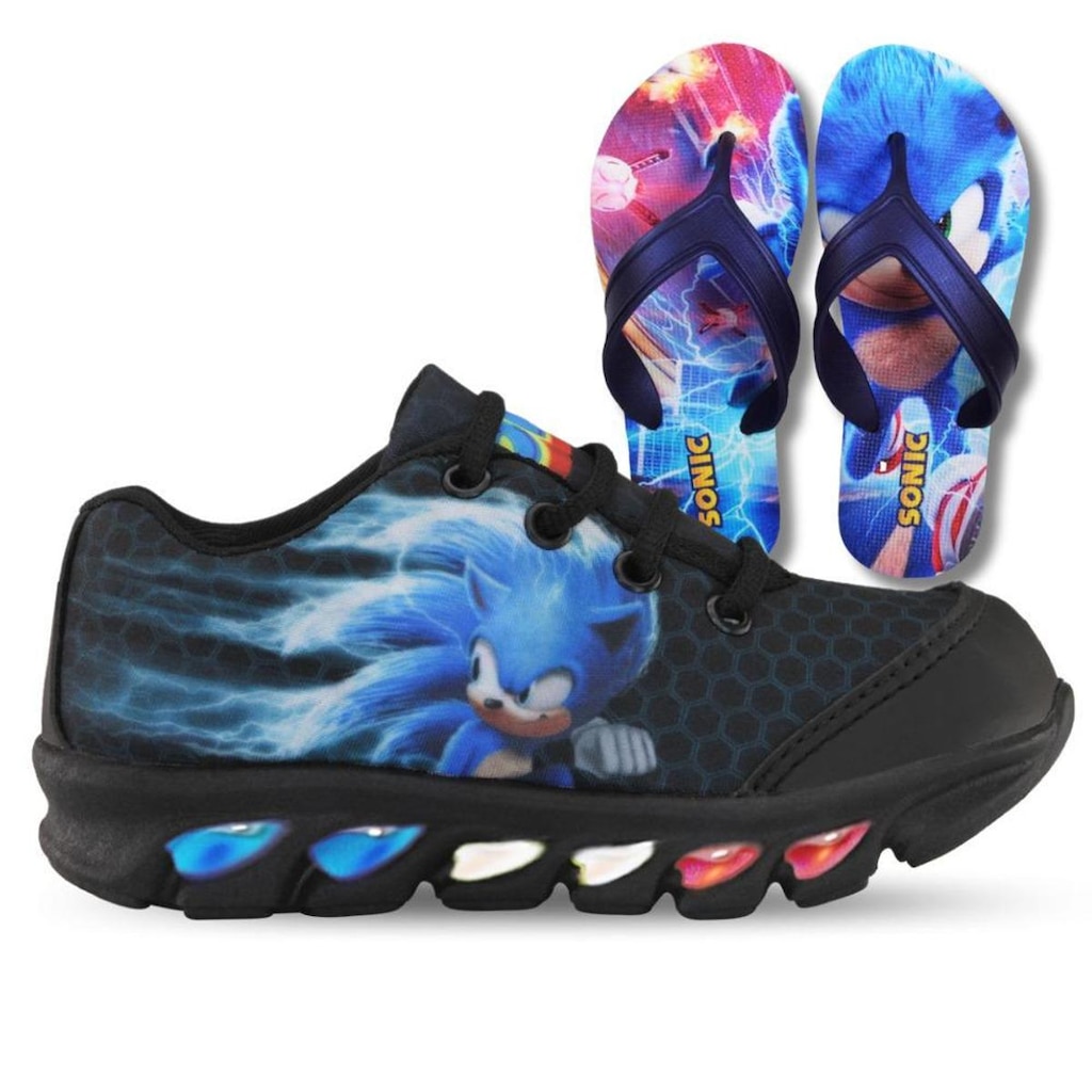 tenis de led infantil masculino sonic preto com luzinha meninos mais chinelo