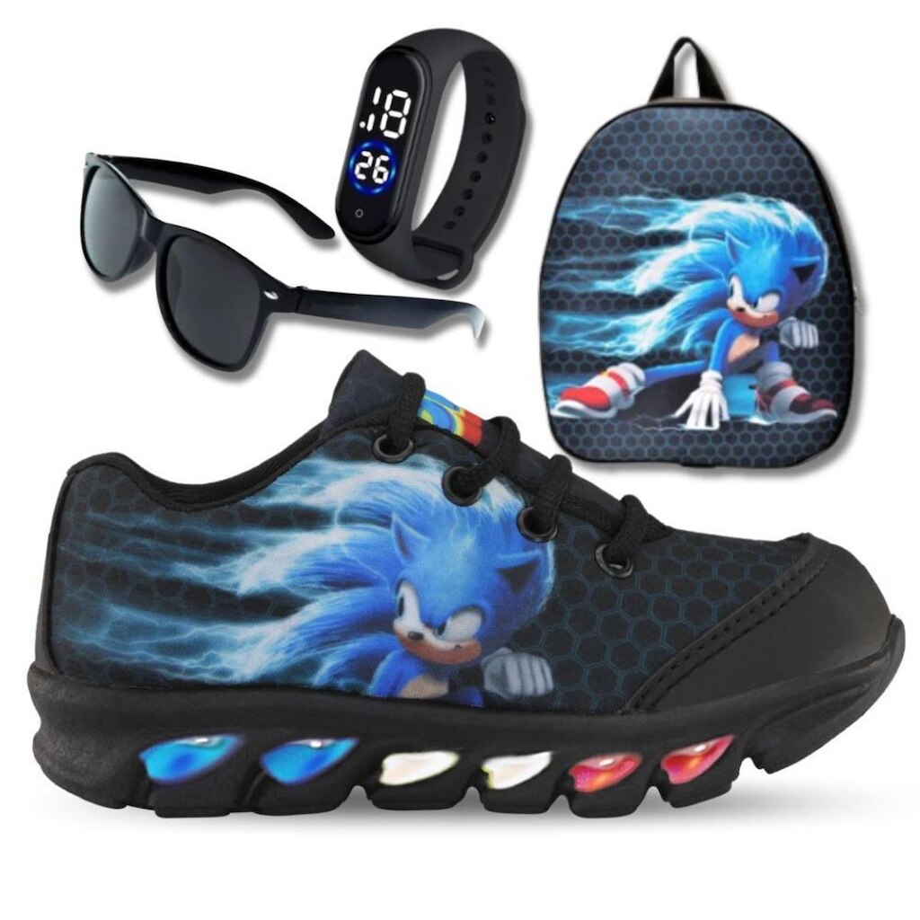 tenis de led infantil masculino sonic preto com luzinha meninos mais mochila com relogio e oculos