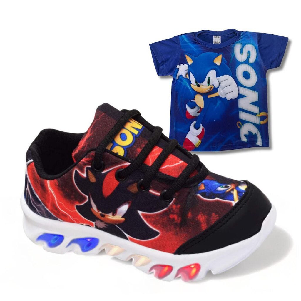 tenis de led infantil masculino sonic shadow com luzinha meninos mais camisa