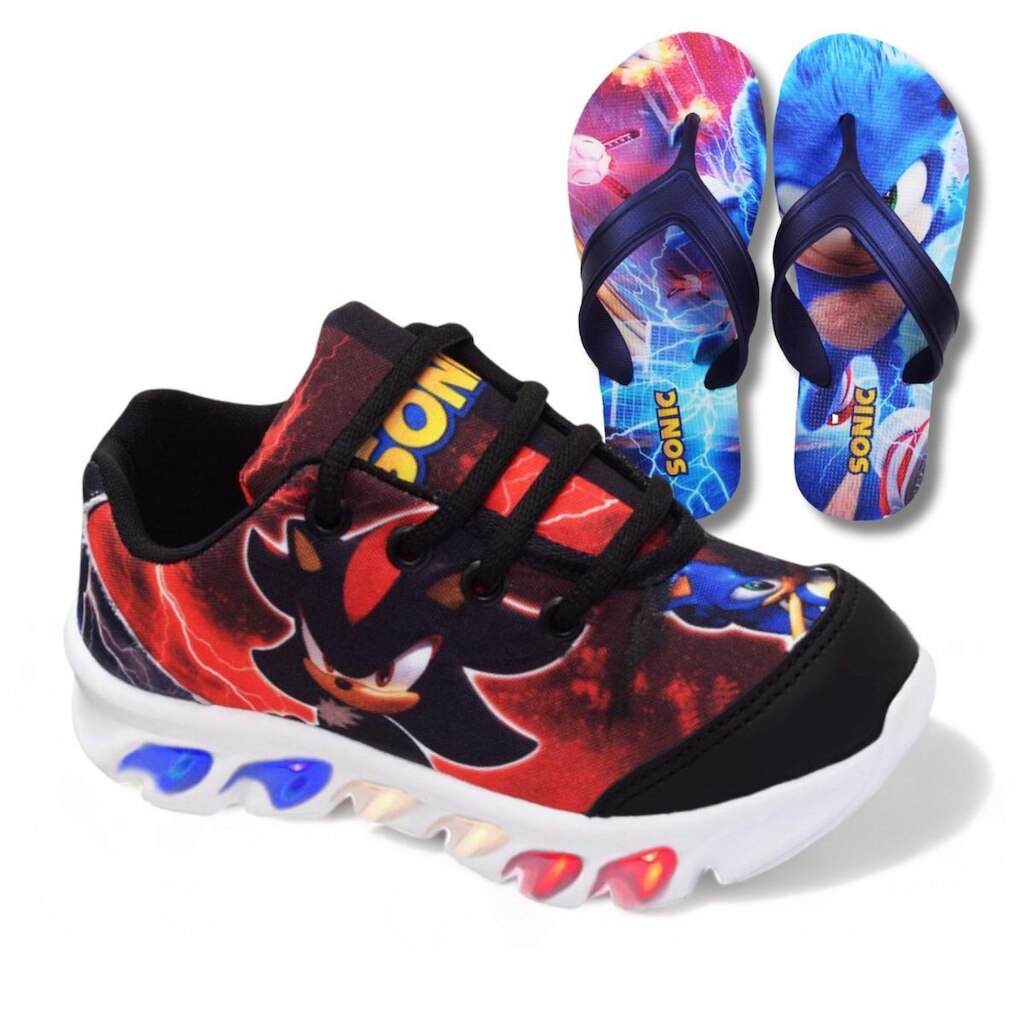 tenis de led infantil masculino sonic shadow com luzinha meninos mais chinelo