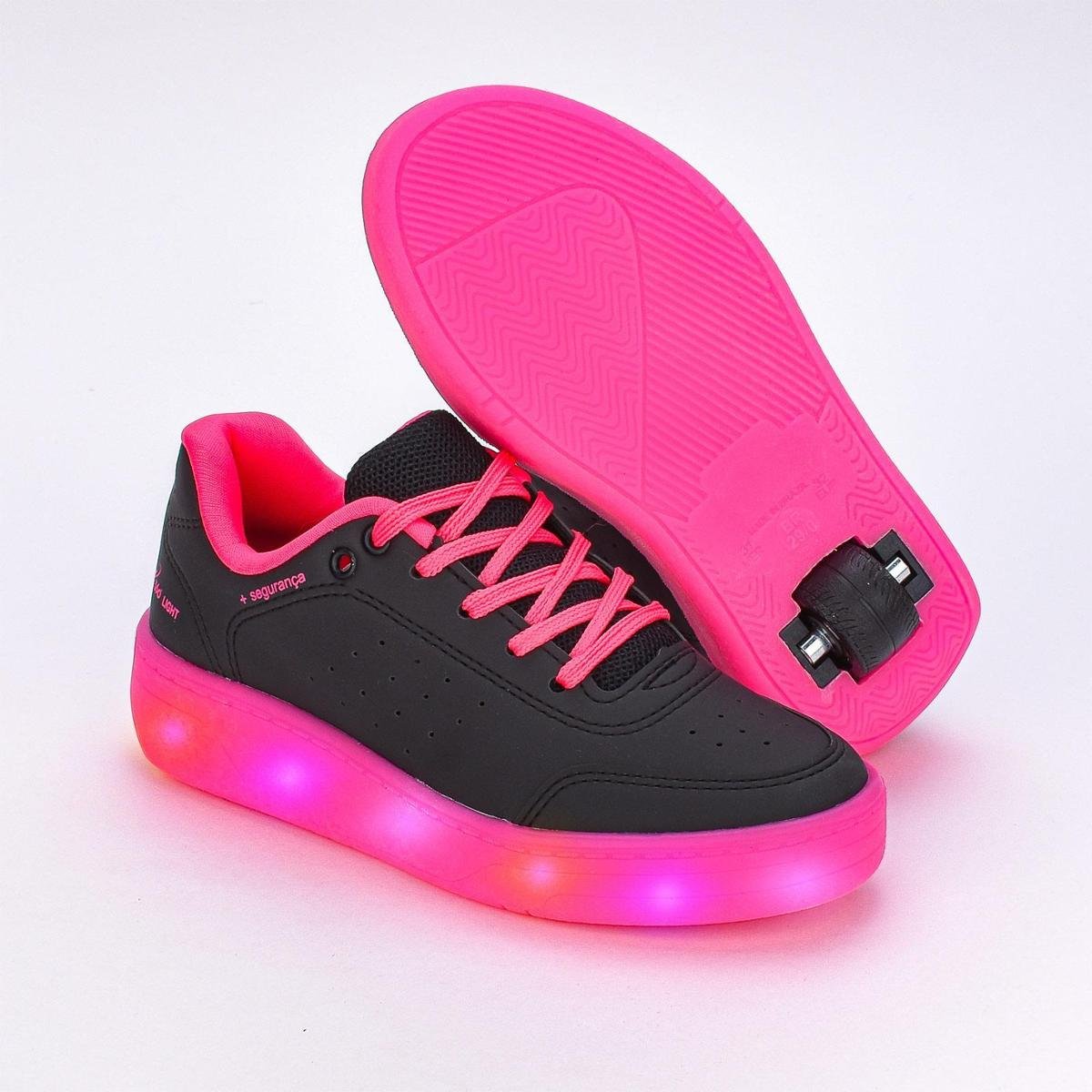 Tênis De Rodinha Com Led Menina Preto/Pink Neon Lançamento