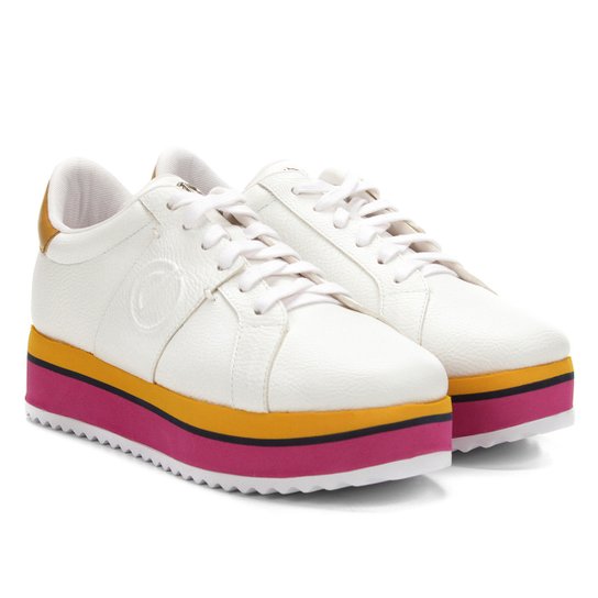 Tênis Dumond Flatform Listra Feminina - Branco+Amarelo