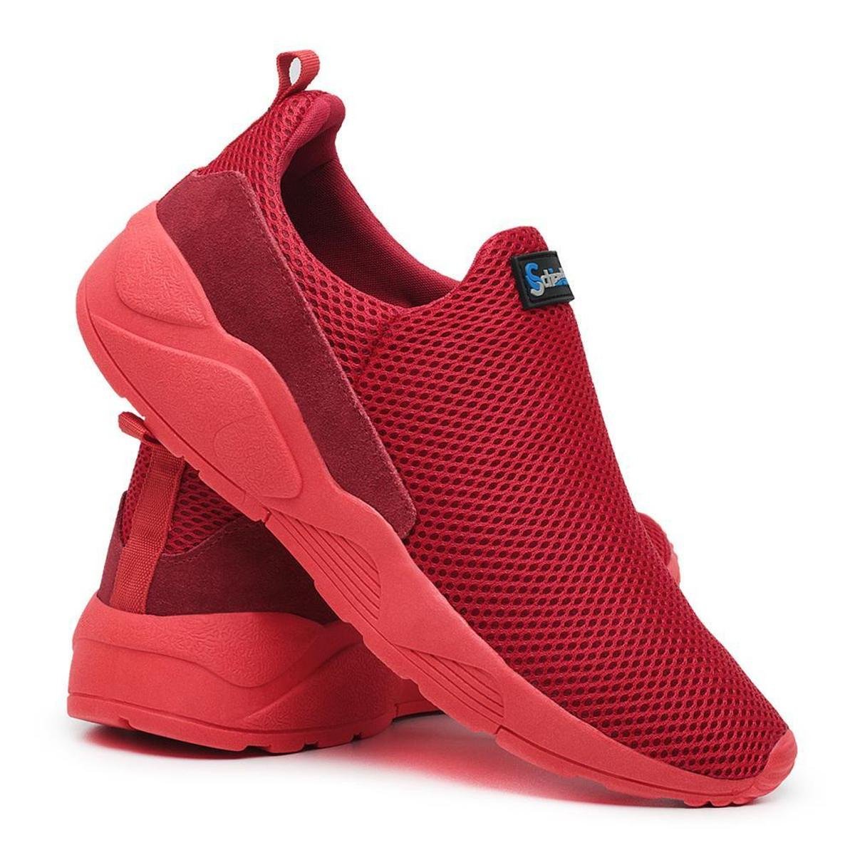 Tênis Esportivo Casual Masculino sem Cadarço em Tecido Tramado Sola Detalhada - Vermelho Menor preço em Tênis Esportivo Casual Masculino sem Cadarço em Tecido Tramado Sola Detalhada - Vermelho