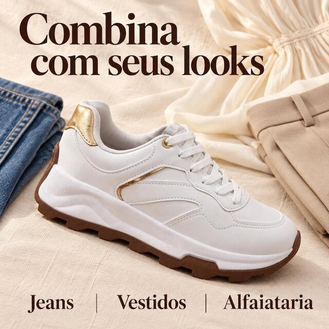 Tênis Feminino Beira Rio Casual Solado Alto Branco Dourado