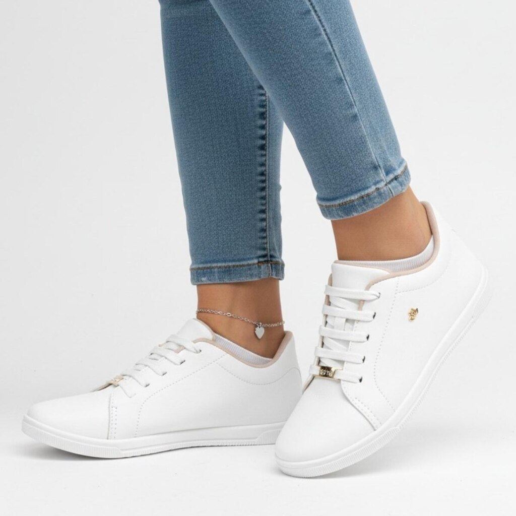 Tênis Feminino Casual Branco Sneakers Confortável com Cadarço para Dia a Dia