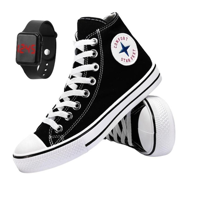 Tenis Feminino Casual Cano Medio Star Macio Relogio Led