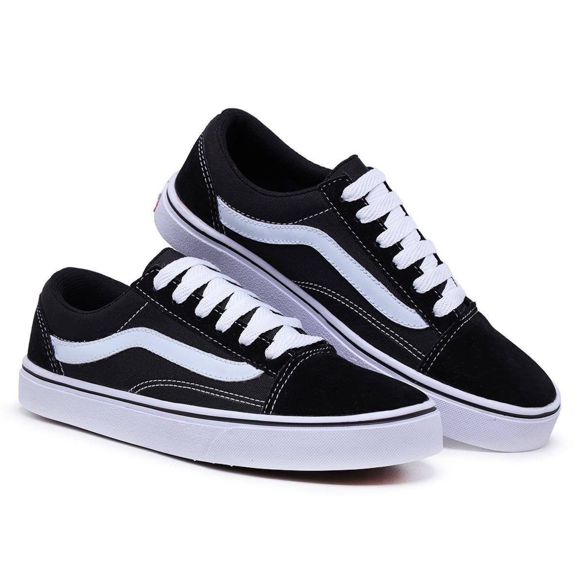 Tênis Feminino Casual Old School Cano Baixo Skate Sapatênis Amarrar Confortável - Preto Menor preço em Tênis Feminino Casual Old School Cano Baixo Skate Sapatênis Amarrar Confortável - Preto