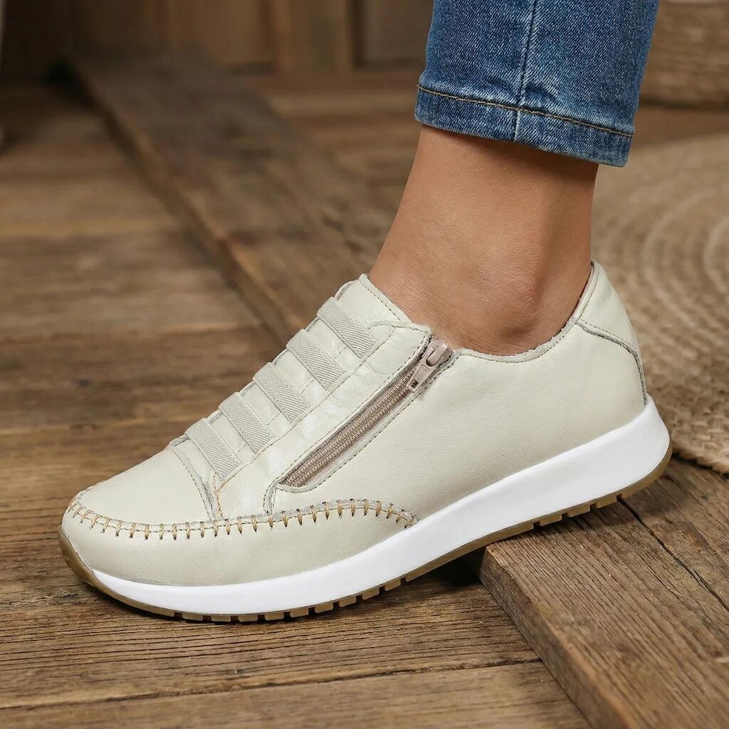 Tênis Feminino Couro Legitimo Ajuste Elástico Zíper Lateral Bella Dama